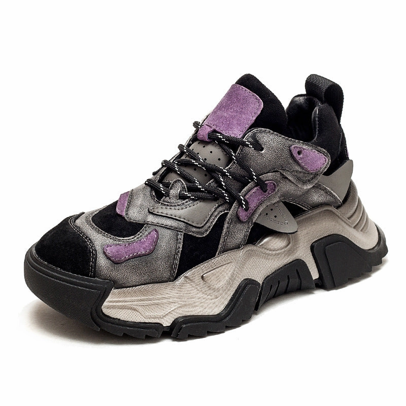 Women Retro Patchwork Leather Dad Sneakers Dresses With Sneakers