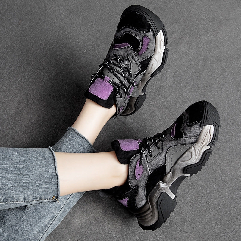 Women Retro Patchwork Leather Dad Sneakers Goth Platform Sneakers
