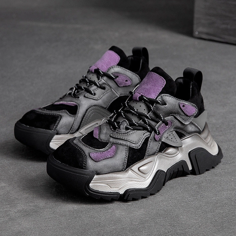 Tan Brown Sneakers Women Retro Patchwork Leather Dad Sneakers