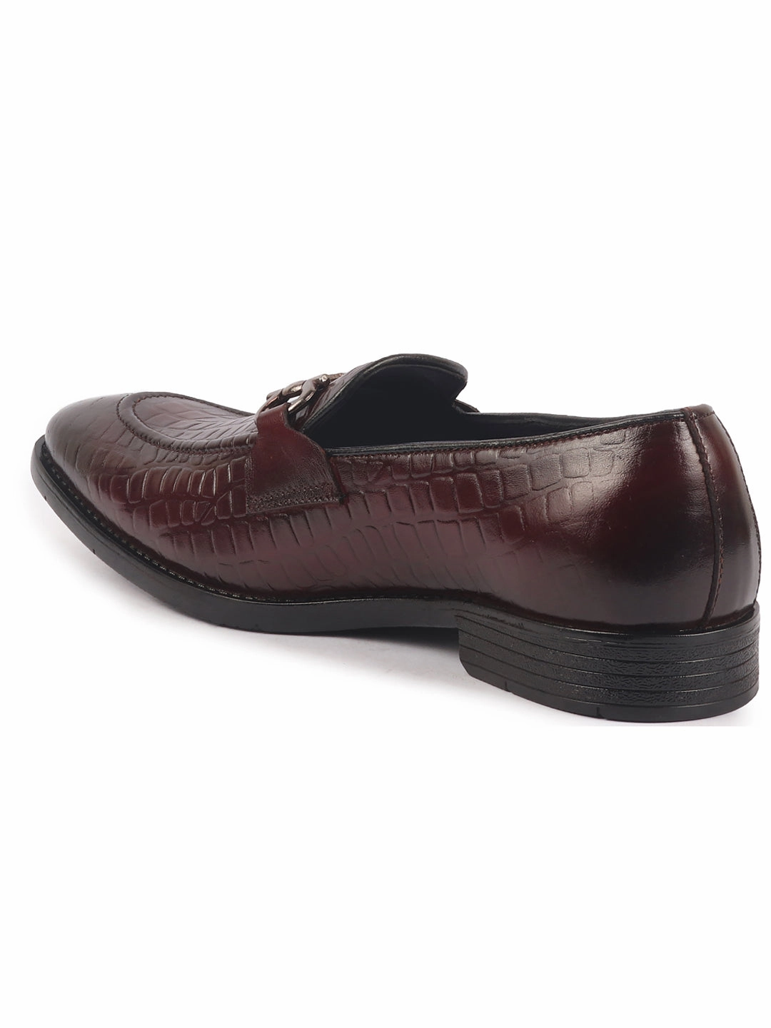 Men Brown Genuine Leather Horsebit Buckle Textured Office Formal Slip On Shoes|Slip Resistant Sole with Memory Cushioned Shell Cordovan Work Boots