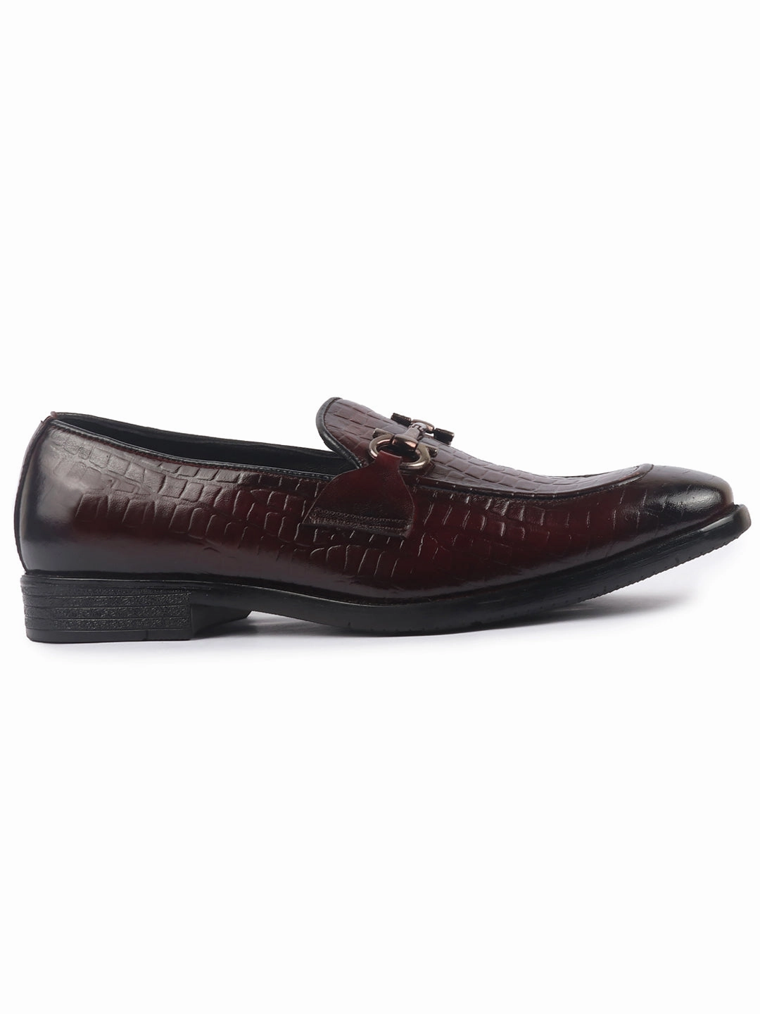 Men Brown Genuine Leather Horsebit Buckle Textured Office Formal Slip On Shoes|Slip Resistant Sole with Memory Cushioned 6 Leather Work Boots