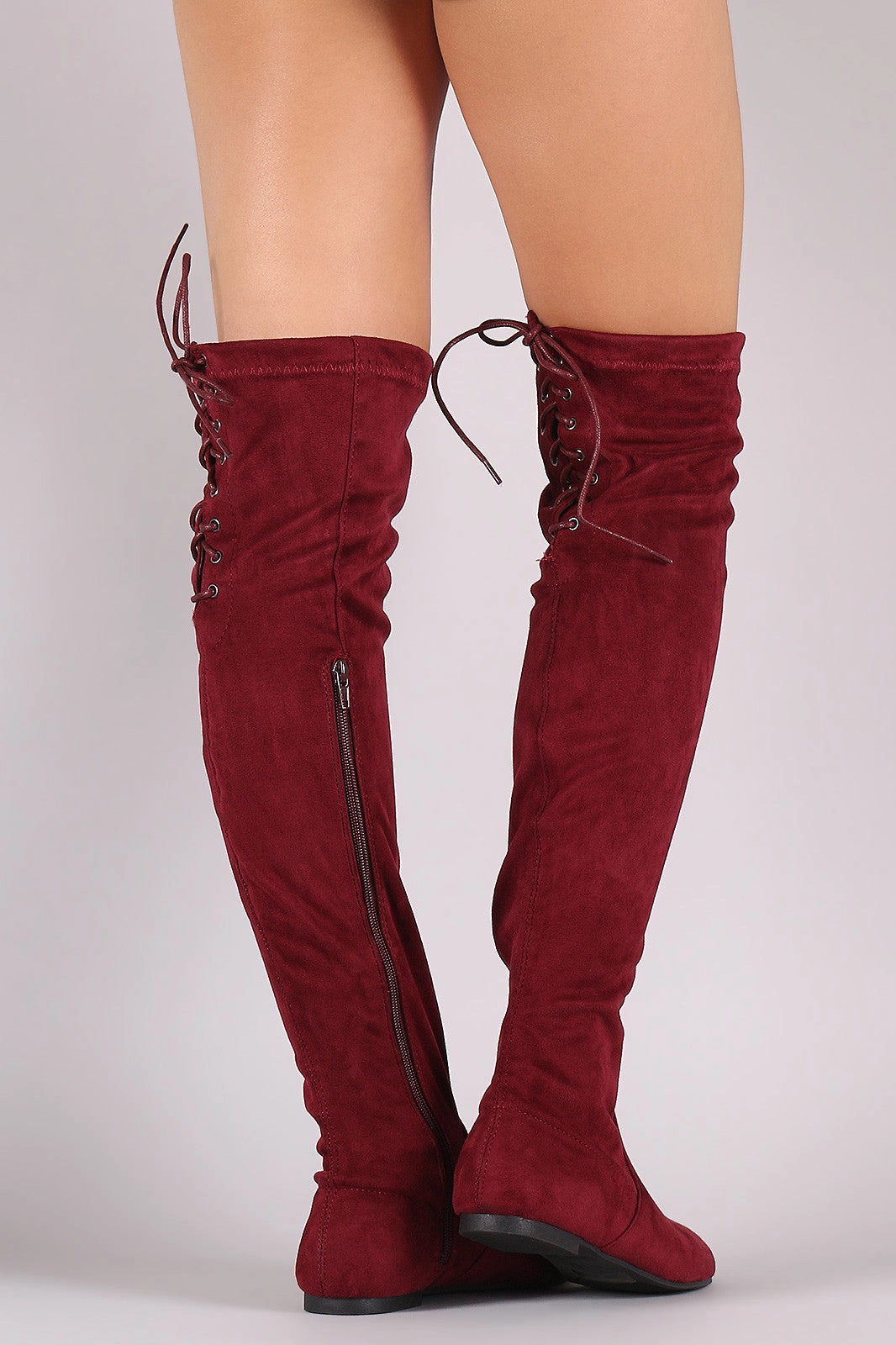 Back Lace Up Over-The-Knee Suede Flat Boots Gemstone Knee High Boots