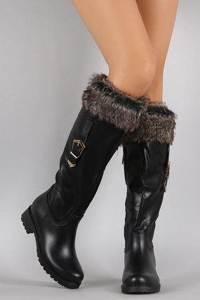 Buckled Faux Fur Cuff Knee High Rain Boots Square Toe High Knee Boots
