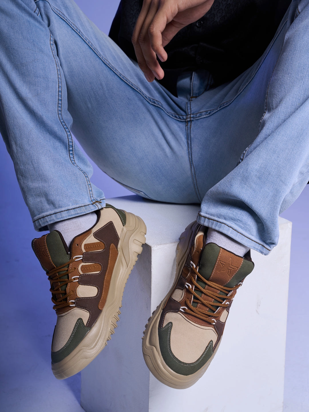 Men Olive Colorblocked Casual Lace-Up Stylish Sneaker|Modern Design Sneakers with Comfort Street Style Shoes|Anti Skid Sole Oomphies Sneakers