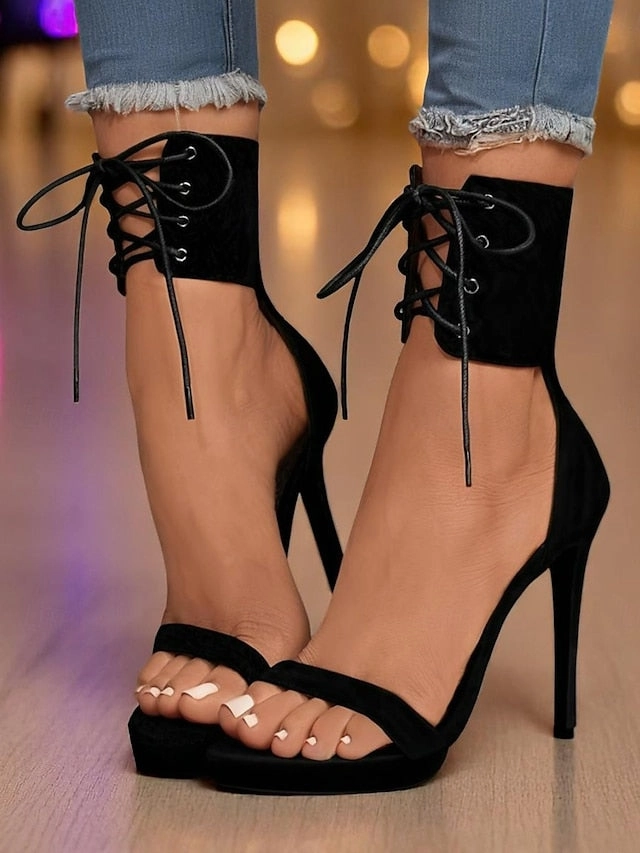 Ankle Heel High - Black Sexy Sandals Lace-Up Women's Strap Hardware Virginia Leather Ankle Boots