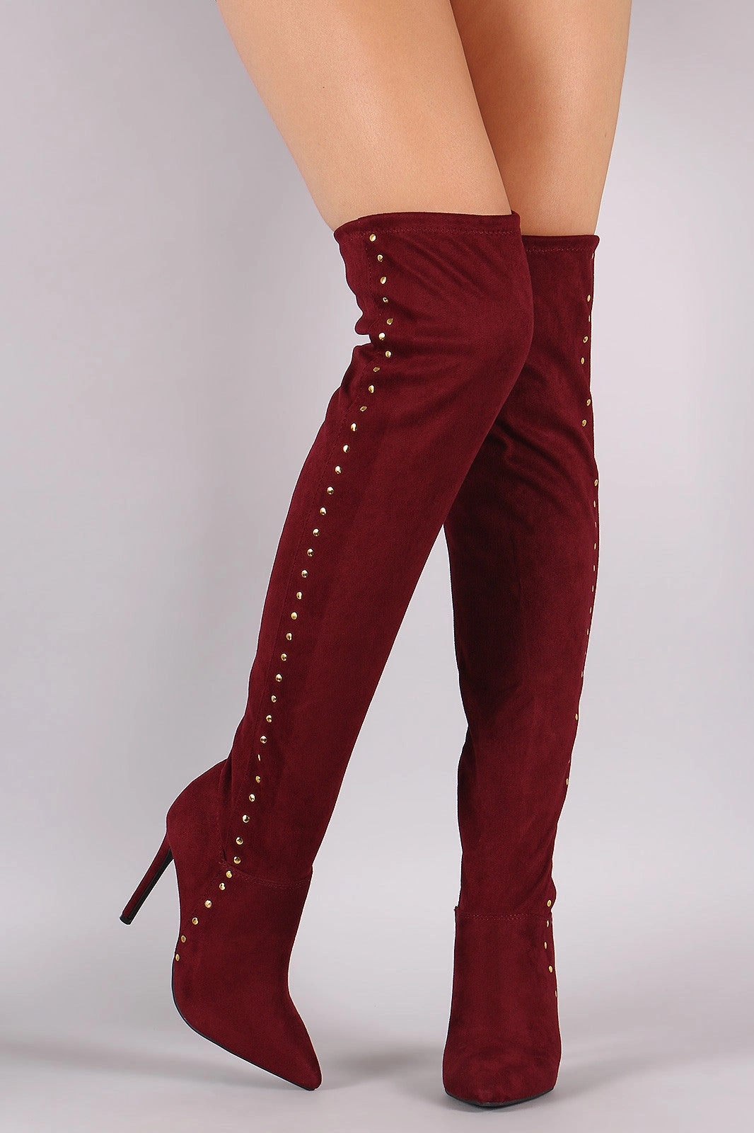 Anne Michelle Stretchy Suede Side Studded Over-The-Knee Boots Brown Platform Knee High Boots