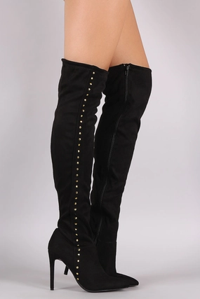 Anne Michelle Stretchy Suede Side Studded Over-The-Knee Boots 18 Inch Calf Knee High Boots