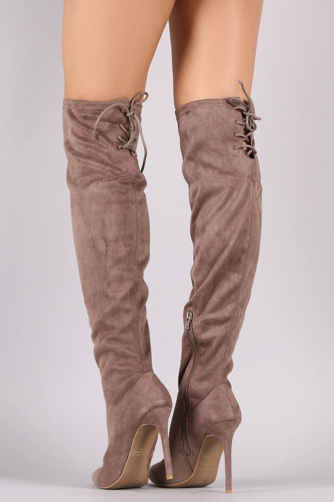 Anne Michelle Suede Back Lace Up Stretchy Stiletto Boots Over The Knee Leather Boots
