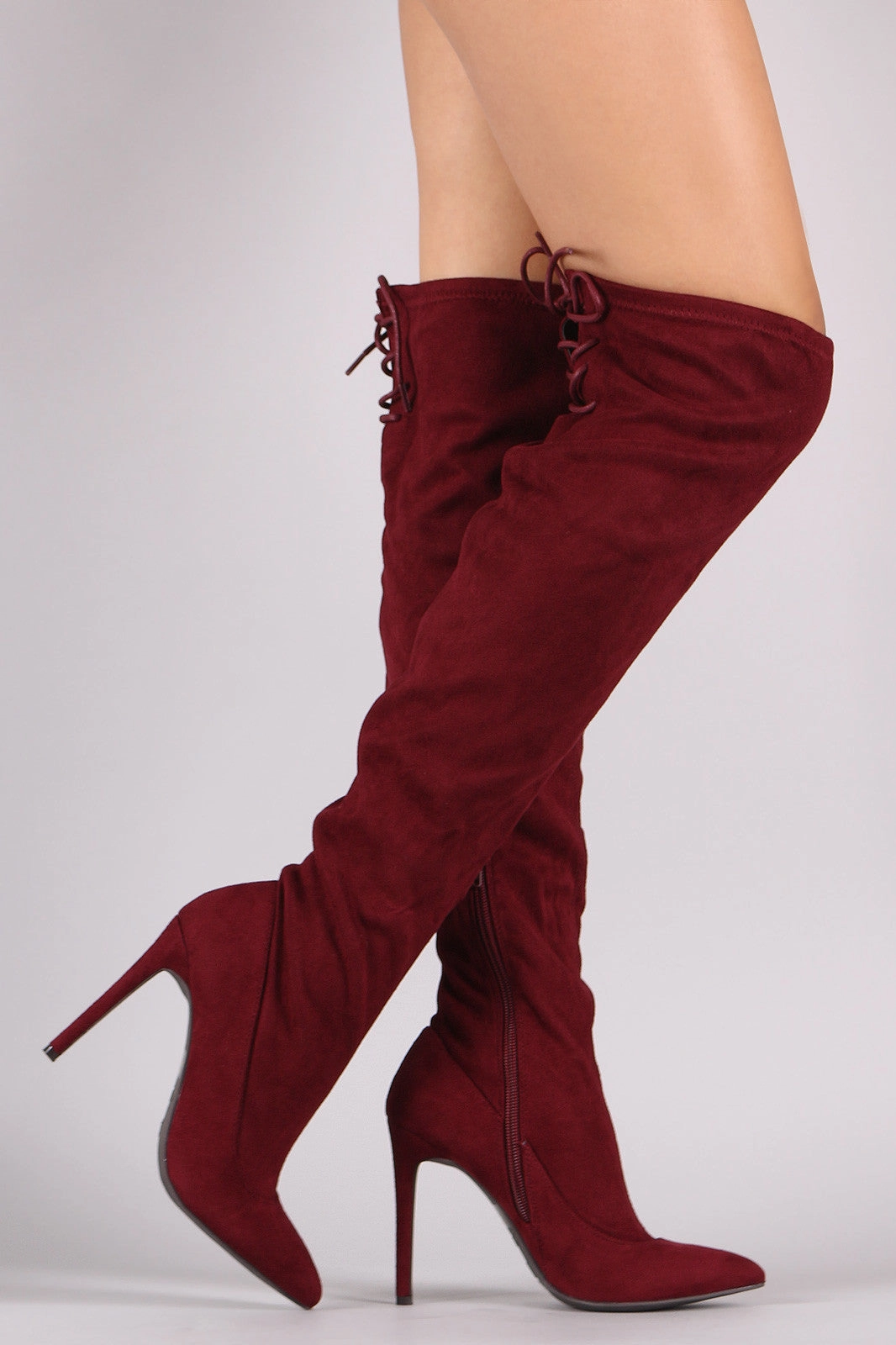 Knee High Heel Boot Anne Michelle Suede Back Lace Up Stretchy Stiletto Boots