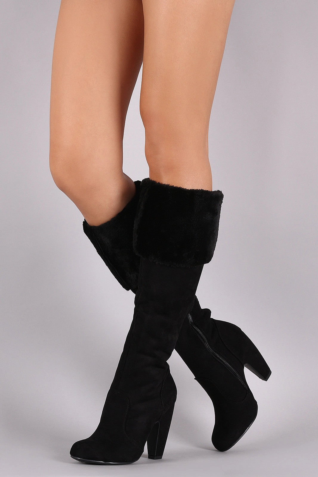 Bamboo Faux Fur Cuff Suede Heeled Knee High Boots Small Platform Knee High Boots