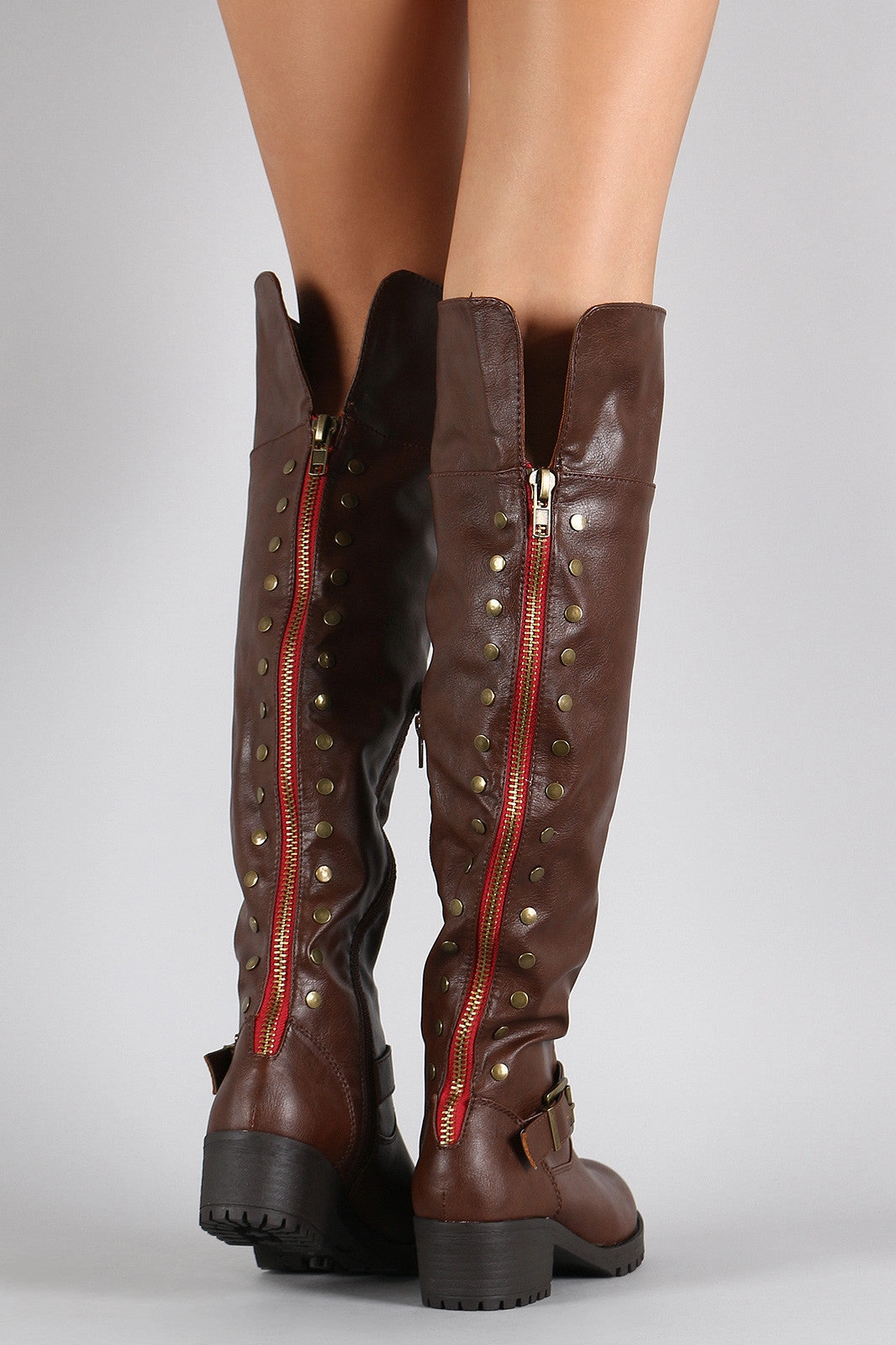 Bamboo Fold Over Cuff Contrast Zipper Studded Riding Knee High Boot Skinny Jeans Knee High Boots