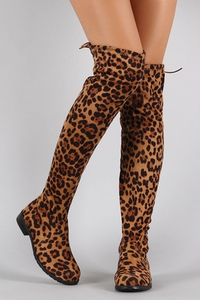 Bamboo Leopard Faux Suede Tied Flat Thigh High Boot Knee High Mid Heel Leather Boots