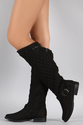 Zippered Knee High Boots Bamboo Quilted Suede Zipper Trim Riding Knee High Boots