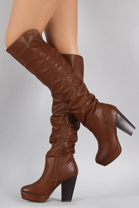 Knee High Boots With Short Heel Bamboo Slouchy Chunky Heeled Over-The-Knee Boots