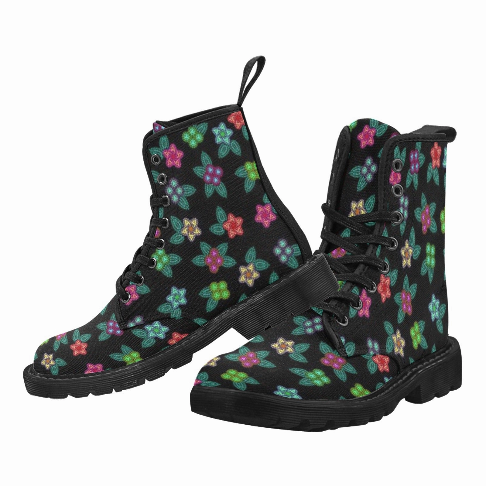 Canaly Lug Sole Block Heel Combat Boots Berry Flowers Black Boots for Men (Black)