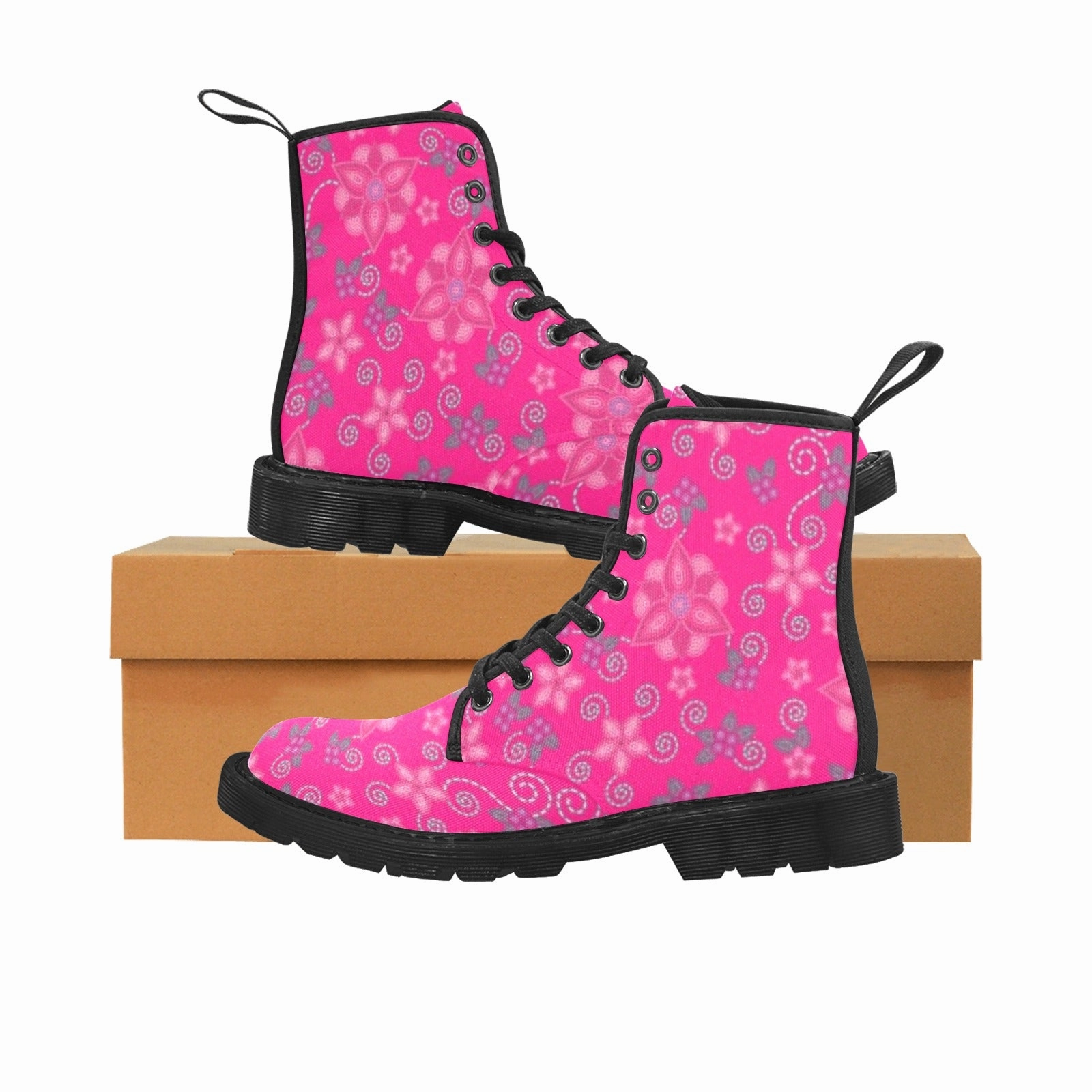 Berry Picking Pink Boots for Men (Black) Combat Boots With Zipper In Back