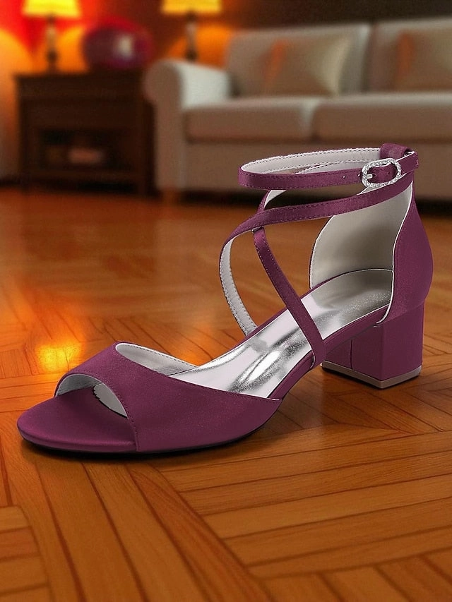 Block with Elegant Strap - Satin Sandals Ankle Heel Women's