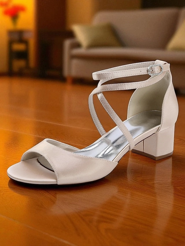 Block with Elegant Strap - Satin Sandals Ankle Heel Women's