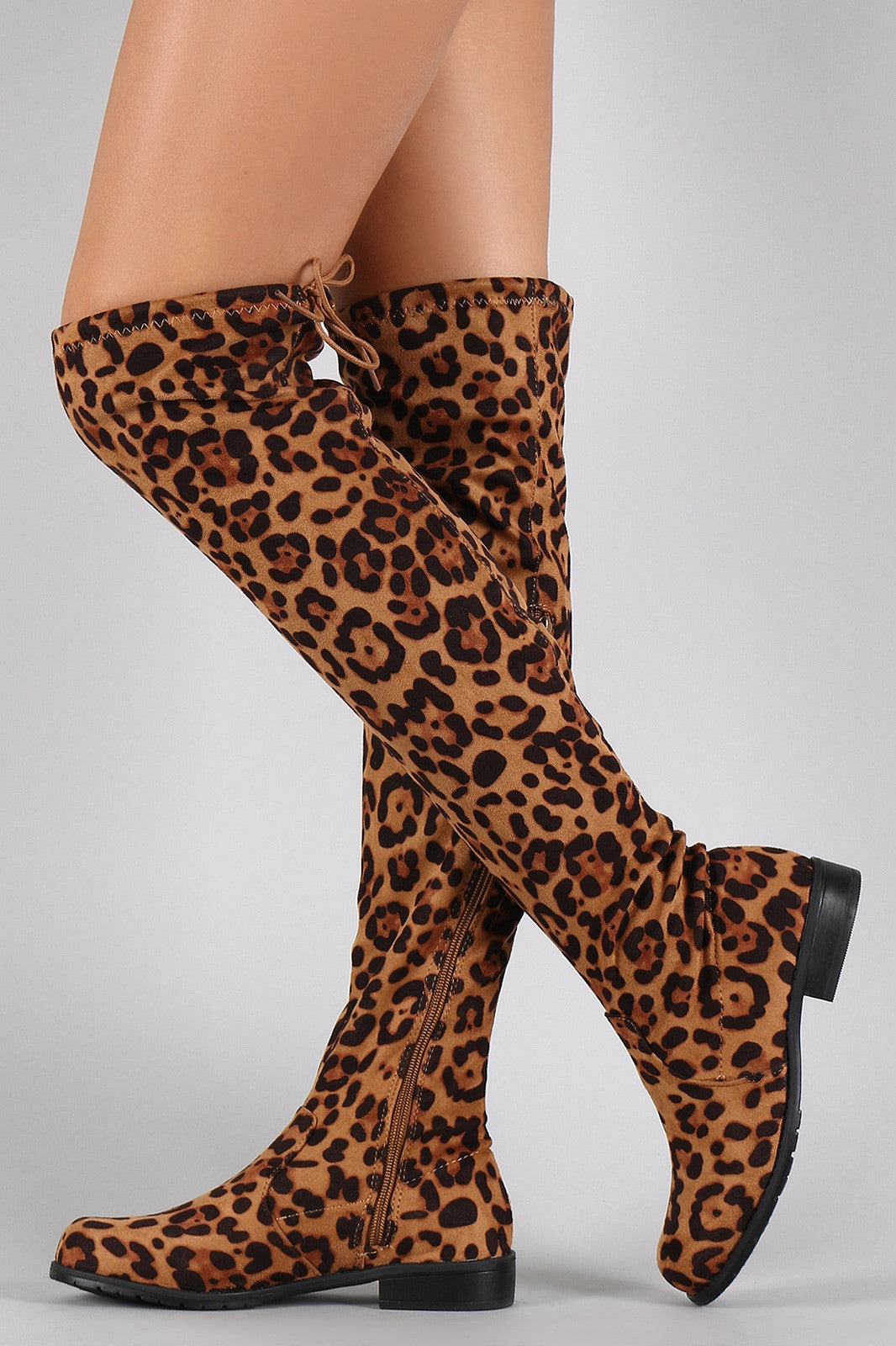 Bamboo Leopard Faux Suede Tied Flat Thigh High Boot Wide Boots Knee High