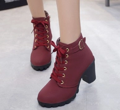 Boots Women Shoes Women Fashion High Heel Lace Up Ankle Boots Ladies Buckle Platform Artificial Leather Shoes bota feminina 2019 Gloss Chelsea Boots