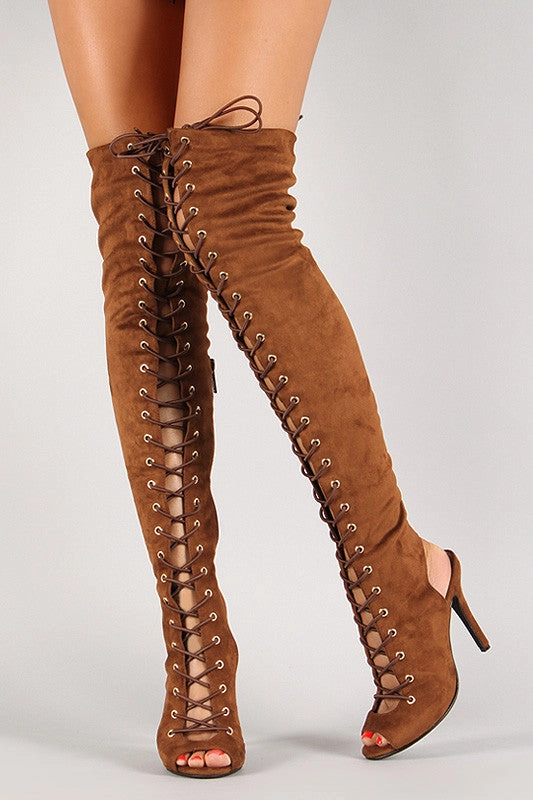 Leather Knee High Boots Flat Heel Breckelle Lace Up Back Cut Out Over The Knee Boot