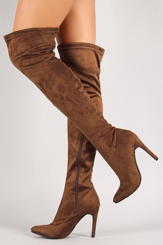 Fur Lined Knee High Boots Uk Breckelle Vegan Suede Stiletto Over-The-Knee Boot