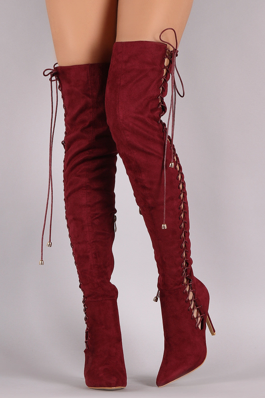 Best Knee High Boots Comfortable Suede Corset Lace Up Pointy Toe Stiletto Over-The-Knee Boots