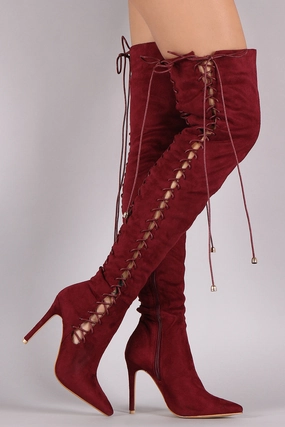 Suede Corset Lace Up Pointy Toe Stiletto Over-The-Knee Boots Knee High Peep Toe Boot