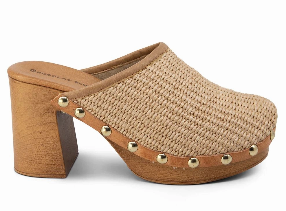 CHOCOLAT  BLU MELODY NATURAL RAFFIA PLATFORM SANDALS Desert Oasis Suede Mules