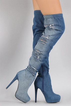 Distressed Denim Almond Toe Over-The-Knee Boots Knee High Boots 2020