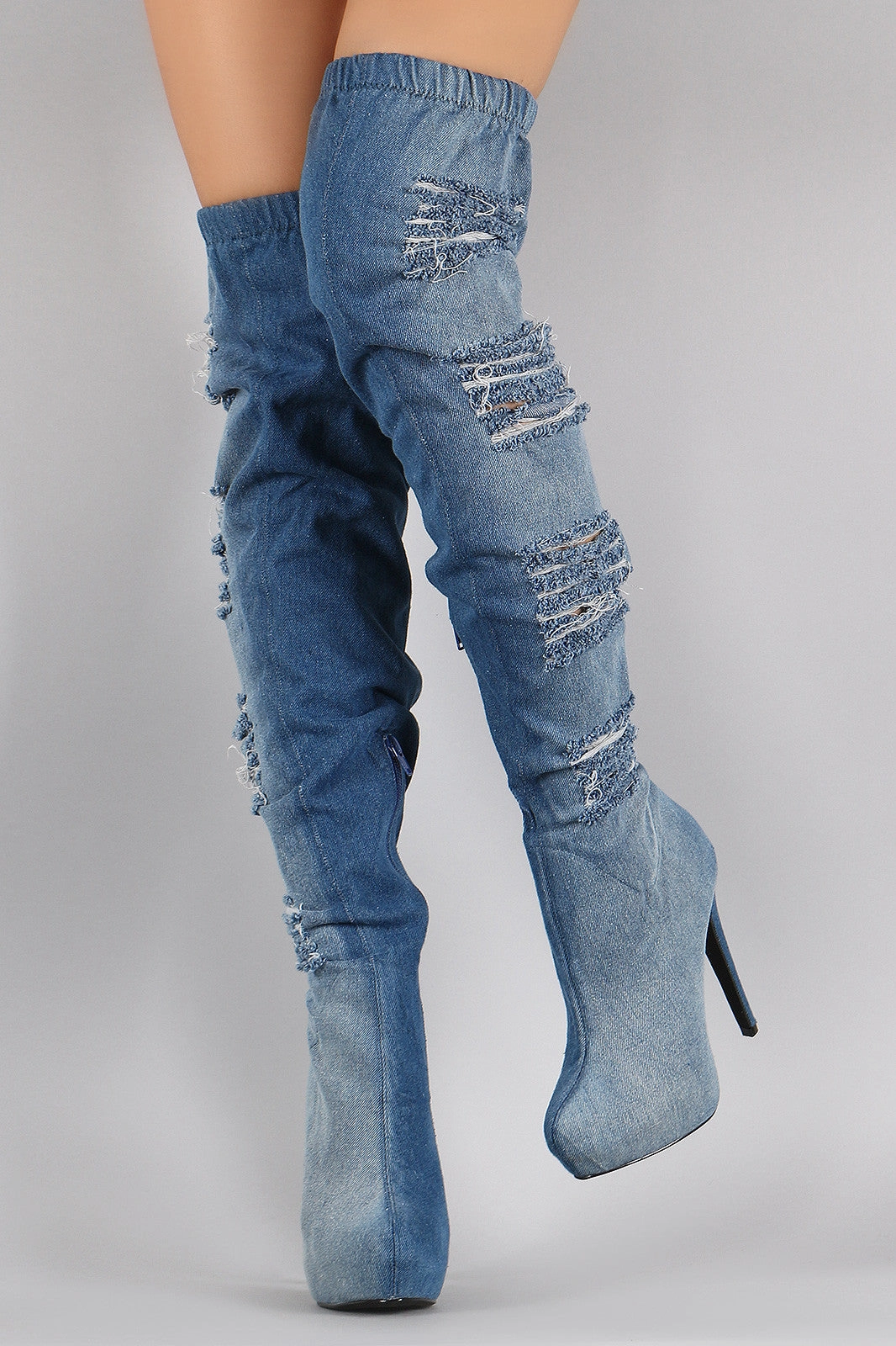 Tall Boots Knee High Distressed Denim Almond Toe Over-The-Knee Boots