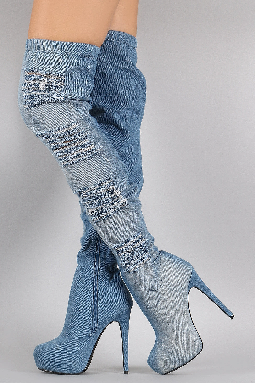 Ganni Knee-high Boots Distressed Denim Almond Toe Over-The-Knee Boots