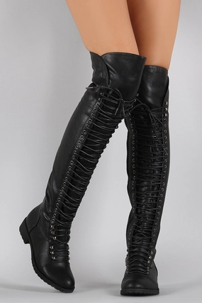 High Heel Knee Boots Combat Lace Up Over-The-Knee Boots