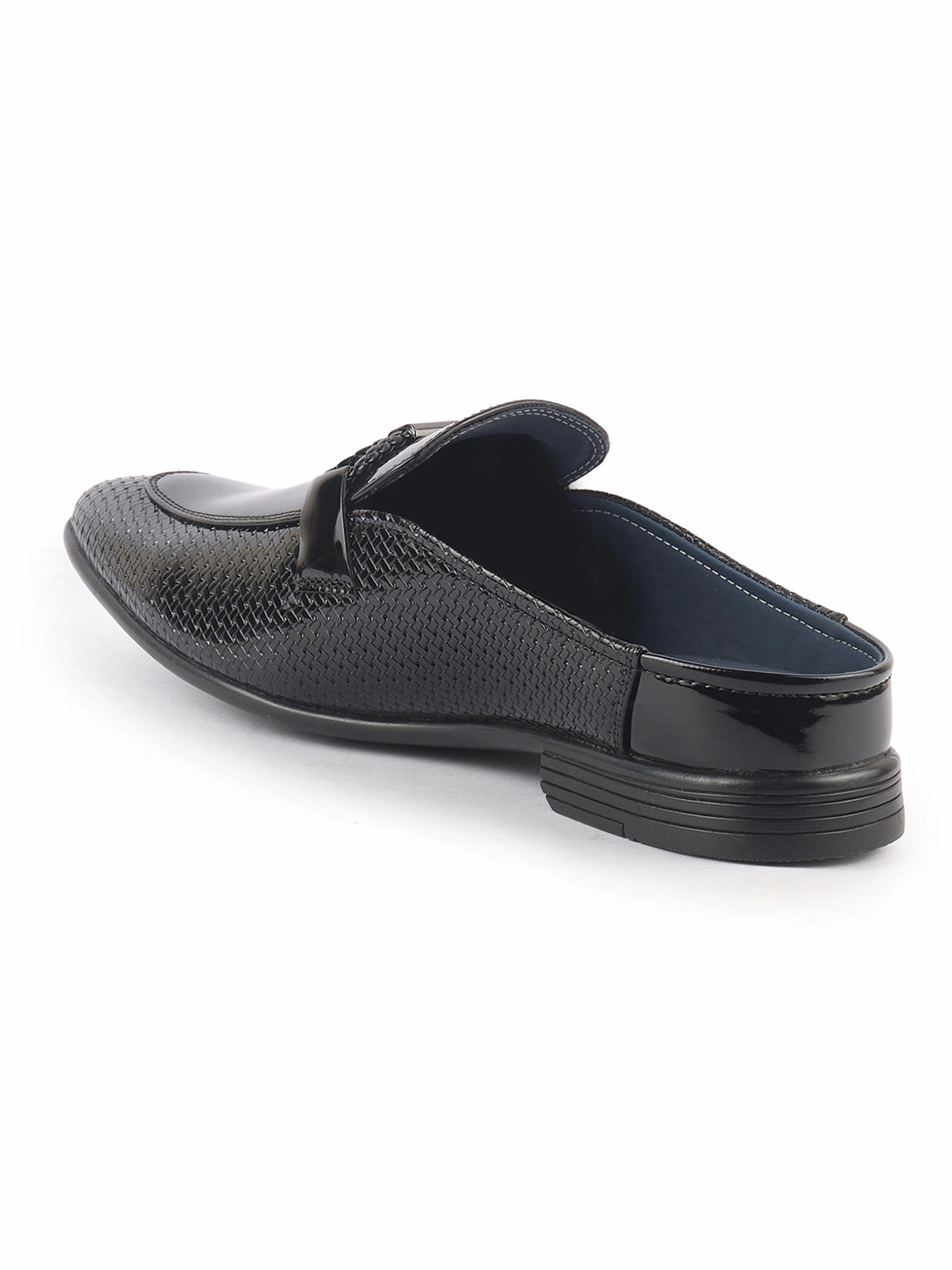 Custom Handmade Work Boots Men Black Bow Design Textured Back Open Party Formal Patent Leather Mules Shoes|All Day Long Ethnic Slip On Kurta Shoes for Wedding, Festive|Memory Cushioned Insole