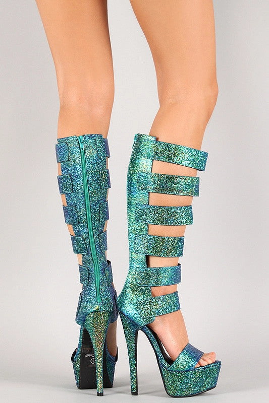 Chunky Lace Up Knee High Boots Anne Michelle Iridescent Strappy Open Toe Knee High Heel