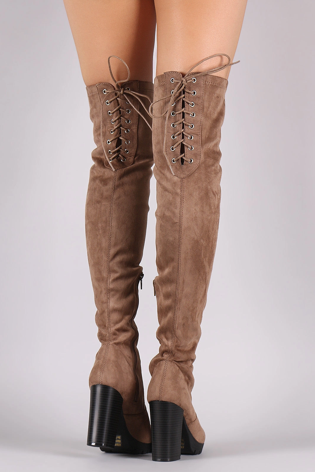 Wild Diva Lounge Back Lace Up Lug Sole Chunky Heeled Boots Western Inspired Knee High Boots