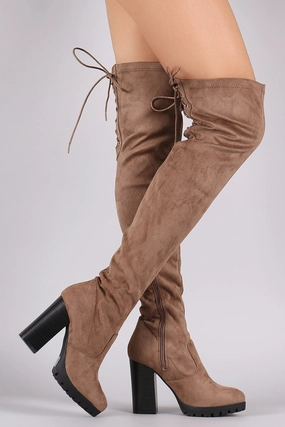 Wild Diva Lounge Back Lace Up Lug Sole Chunky Heeled Boots Knee-high Boots With Flats