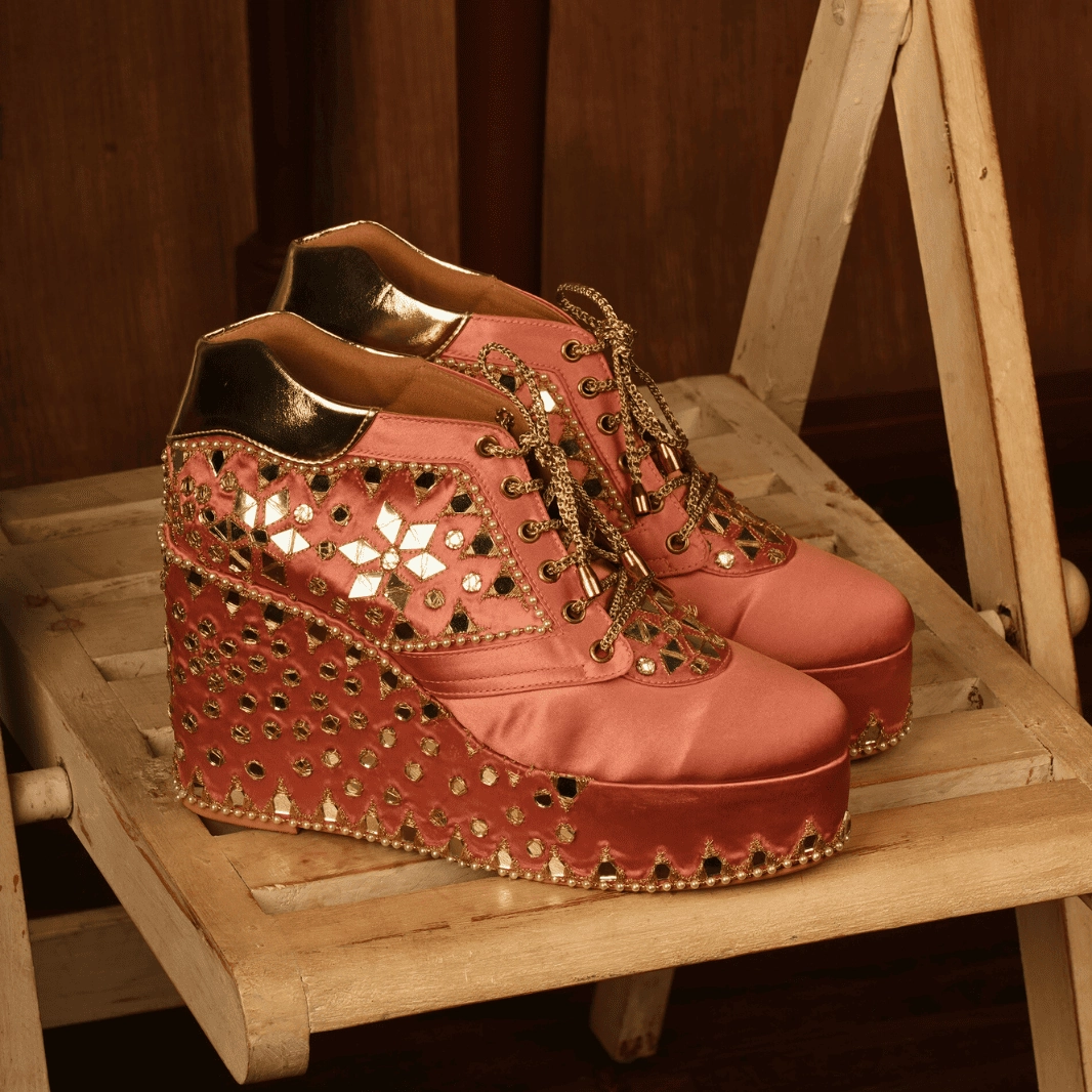 Custom Pink bridal sneaker wedges mirror embroidery Second Shift Steel Toe Work Boots