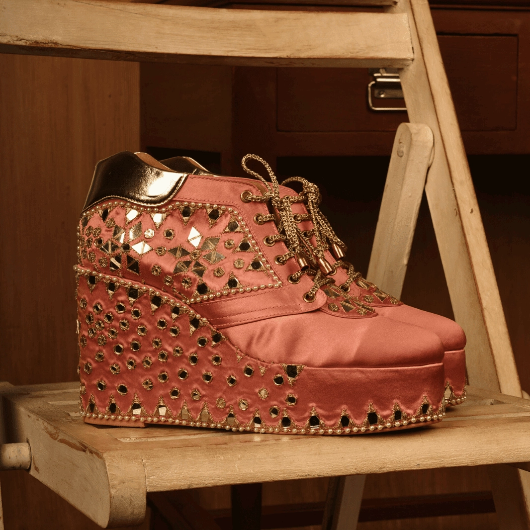 Custom Pink bridal sneaker wedges mirror embroidery Arch Support For Work Boots