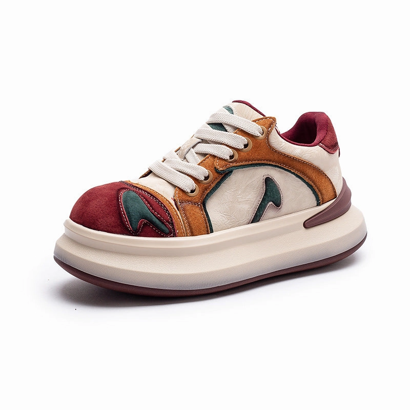 Classic Leather Sneakers Women's Fashion Color-Blocked Chunky Platform Sneakers