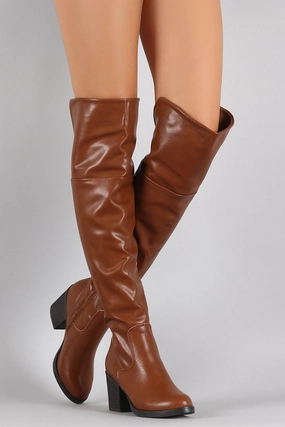 Knee High Boot Socks Lace Bamboo Leather Folded Cuff Chunky Heeled Riding Boots