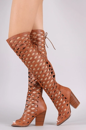 Shopbop Knee High Boots Diamond Cutout Back Lace-Up Chunky Heeled Boots