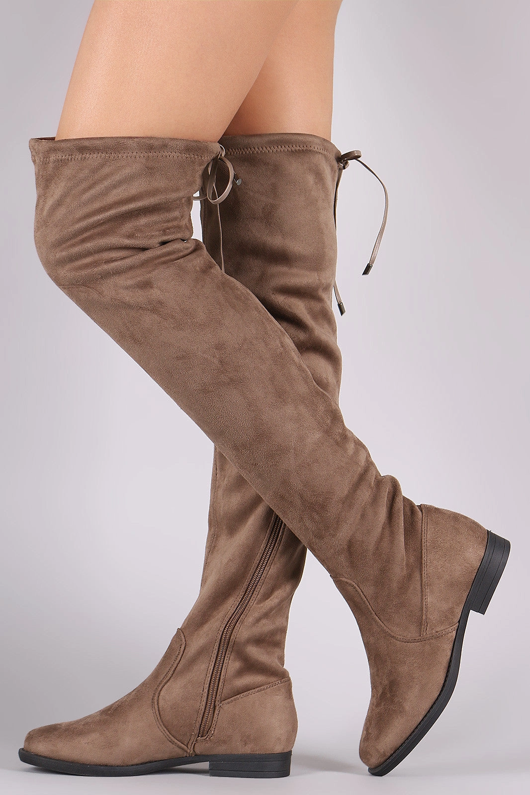 Knee High Wellington Boots Liliana Suede Drawstring Tie Riding Over-The-Knee Boots