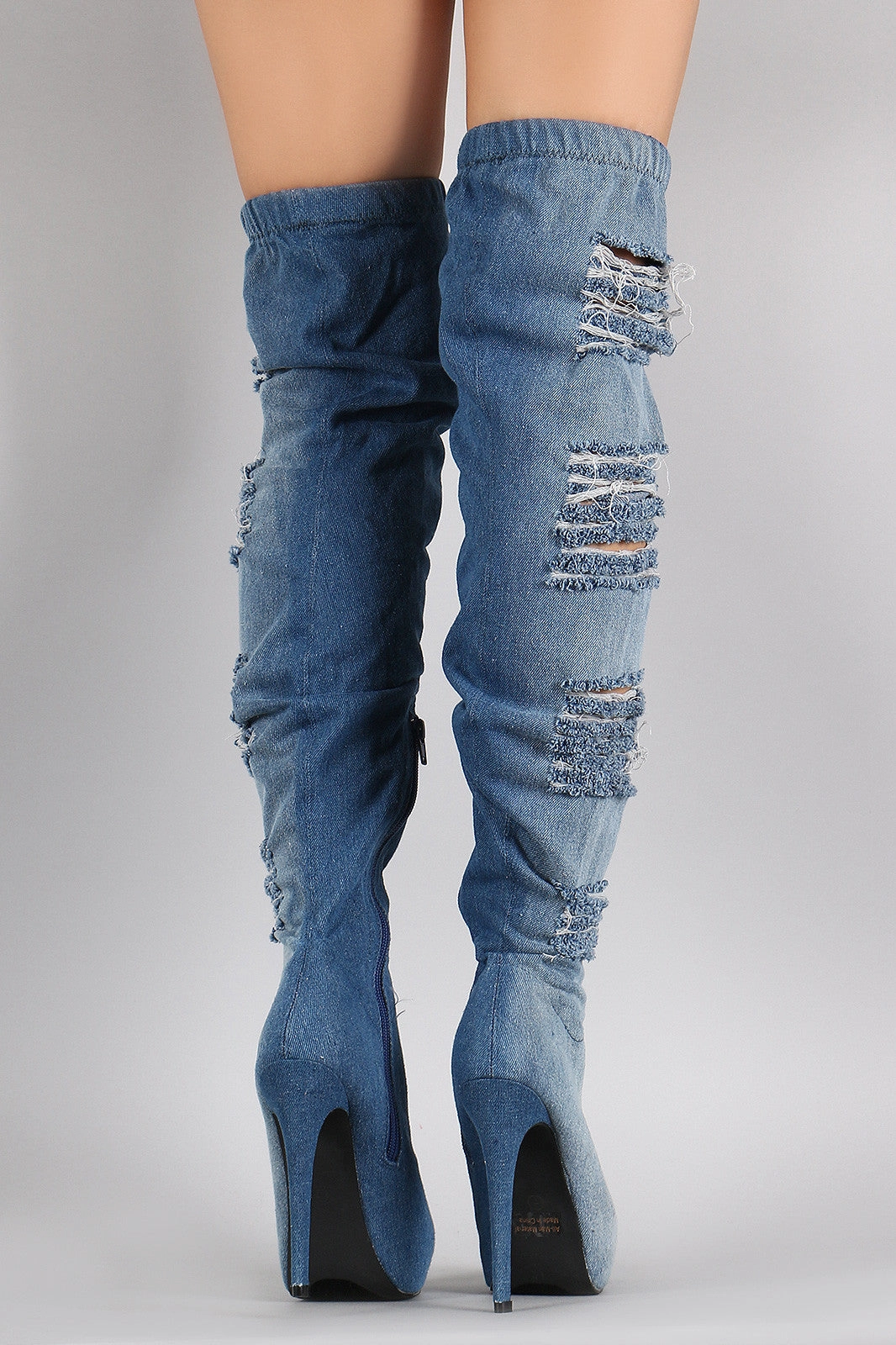 Distressed Denim Almond Toe Over-The-Knee Boots 3 Inch Heel Boots Knee High