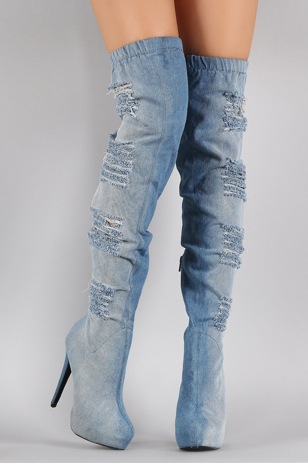Distressed Denim Almond Toe Over-The-Knee Boots Flat Knee High Leather Boots