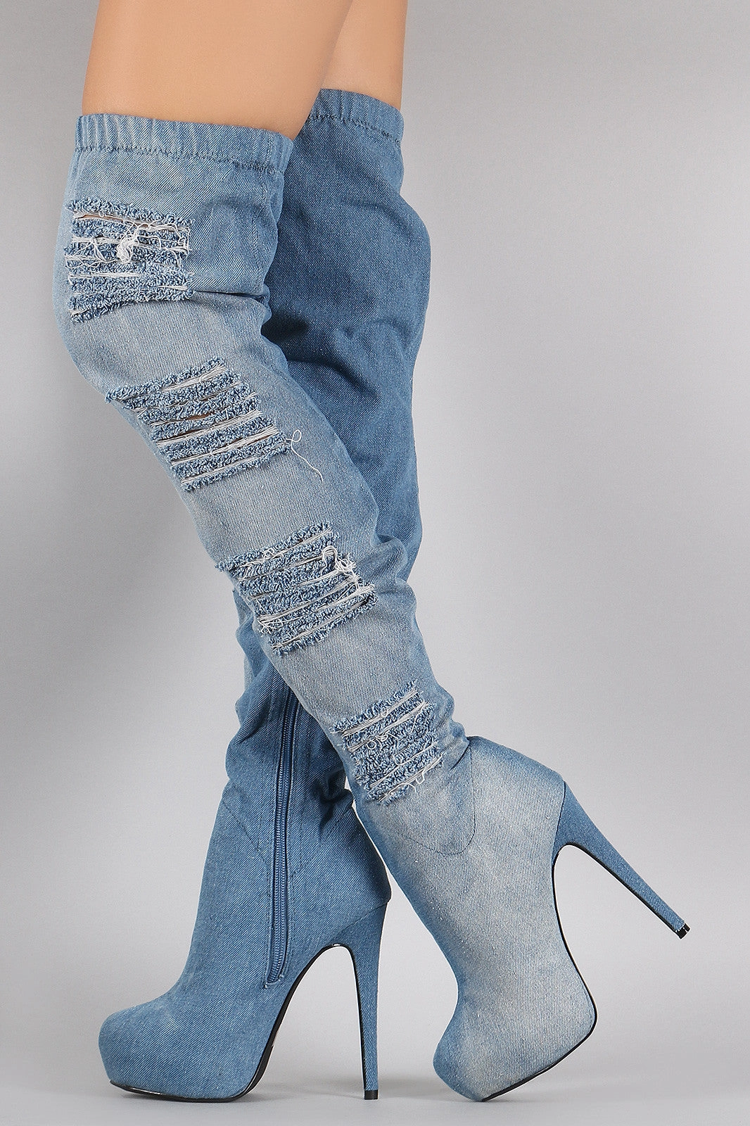 Distressed Denim Almond Toe Over-The-Knee Boots Estella Knee High Boots