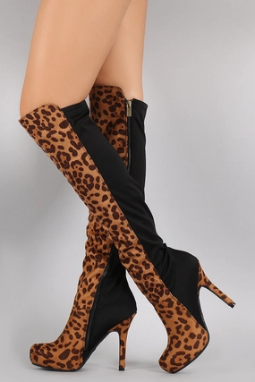 Dollhouse Leopard Contrast Panel Stiletto Over-The-Knee Boots 14 Inch Shaft Knee High Boots