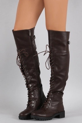 Dollhouse Round Toe Lace Up Combat Over-The-Knee Boots Knit Knee High Boots