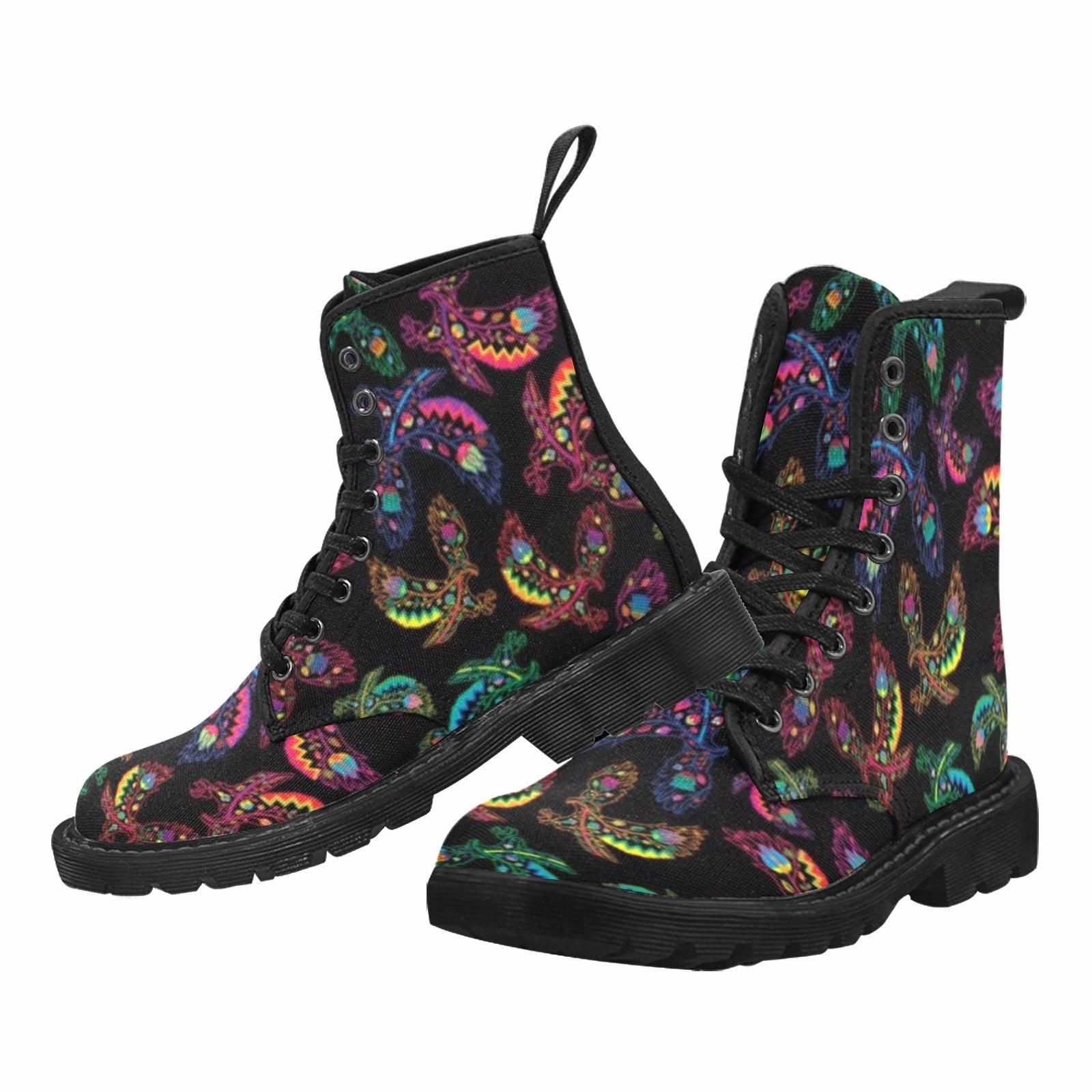 Neon Floral Eagles Boots for Men (Black) Lace Up Boots Combat