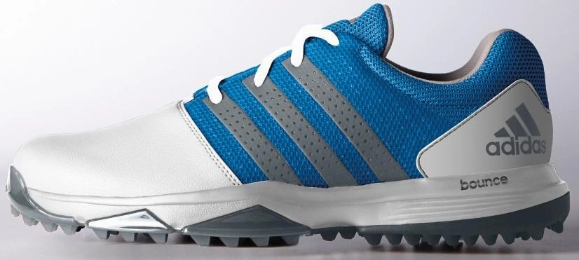 Golf Digest Best Golf Shoes ADIDAS 360 TRAXION GOLF SHOES WHITE/DARK SILVER/SHOCK BLUE MEDIUM WIDTH